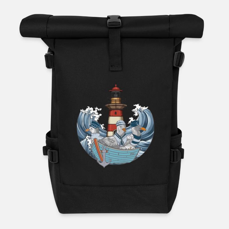 Möwen Boot Schifffahrt Leuchtturm Wellen Meer - Rolltop Rucksack - Schwarz
