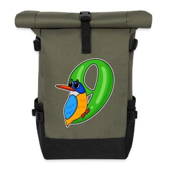 9th Birthday Motif Bird - 9 Years - Roll Top Backpack - olive/black - Front