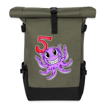 5th Birthday Motif Octopus - Five Years Old - Roll Top Backpack - olive/black - Front