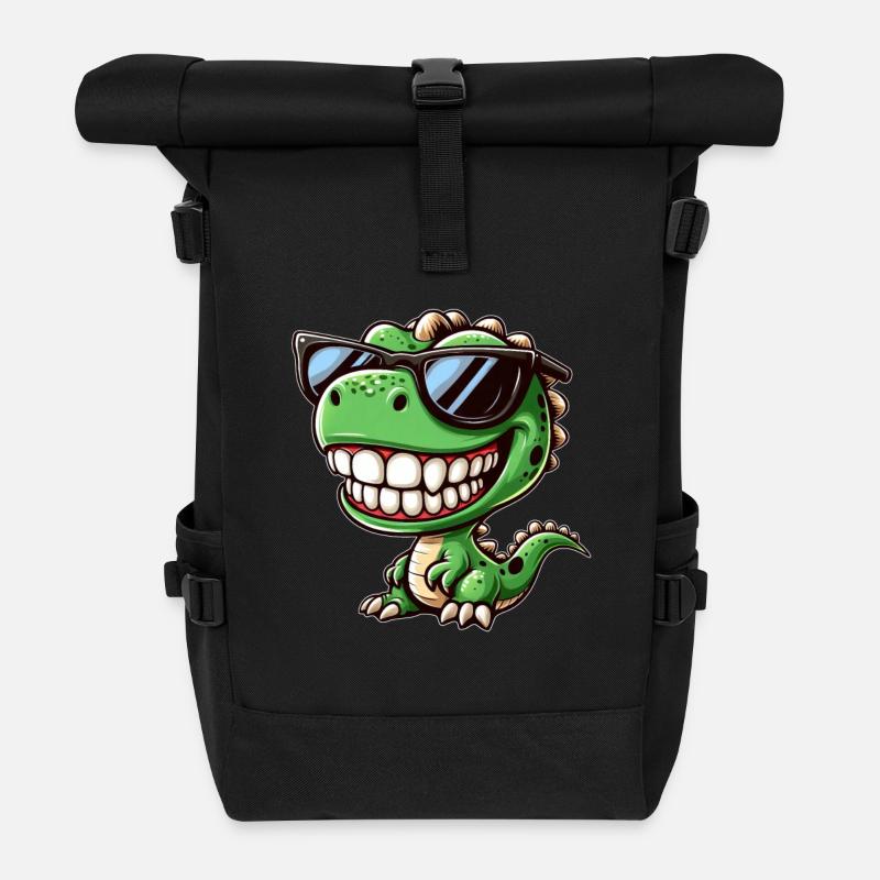 Cooler Dino T-Rex Cartoon mit Sonnenbrille - Rolltop Rucksack - Schwarz