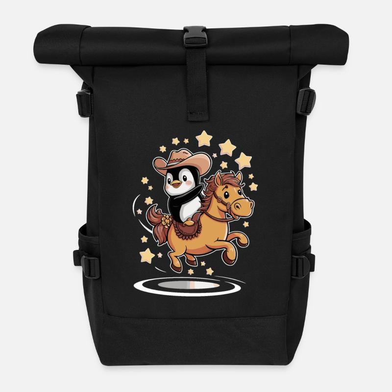 Pinguin Cowboy Reitet Auf Einem Pferd Unter - Rolltop Rucksack - Schwarz