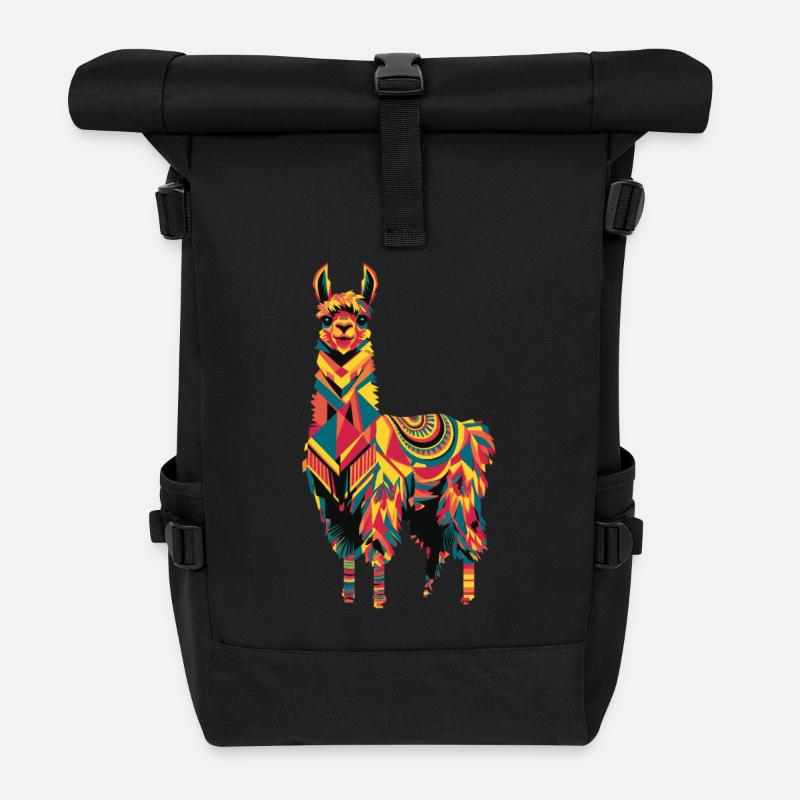 Buntes Lama im Geometrischen Stil - Rolltop Rucksack - Schwarz