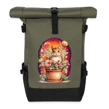 Kids Child Squirrel Flowers Fairy Tale Baby - Roll Top Backpack - olive/black - Front