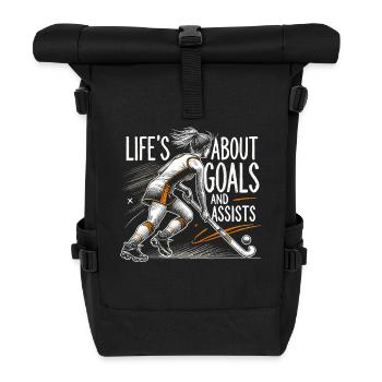 Feldhockey, Feldhockeyspielerin Life's About Goals - Rolltop Rucksack - Schwarz - Vorne
