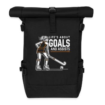 Feldhockey, Feldhockeyspielerin Life's About Goals - Rolltop Rucksack - Schwarz - Vorne