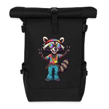 Hippie 70er Jahre 1970er 60er Jahre Party Waschbär - Rolltop Rucksack - Schwarz - Vorne