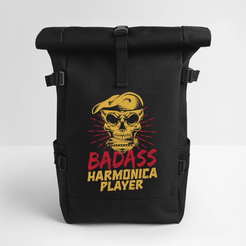Funny Harmonica Player Badass Harmonica Roll Top Backpack