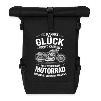 Motorrad Spruch | Motorrad & Wein - Rolltop Rucksack - Schwarz - Vorne