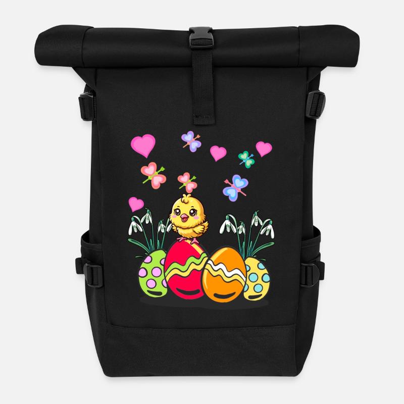 Pâques Pâques Printemps Poussin Oeufs de Pâques - Sac à dos roll top - noir