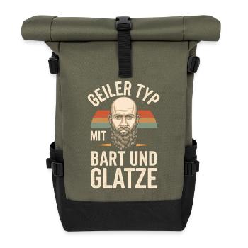 Geiler Typ Mit Bart & Glatze Glatzkopf Bartträger - Rolltop Rucksack - Olive/Schwarz - Vorne