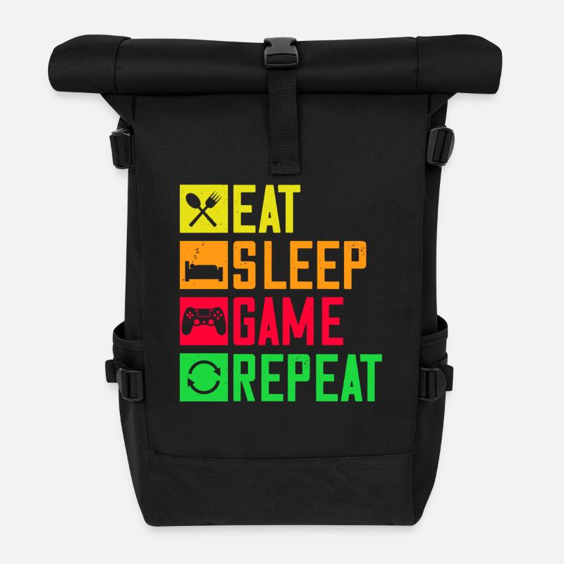 Kultiges Gaming-Motiv "Eat Sleep Game Repeat" - Rolltop Rucksack - Schwarz