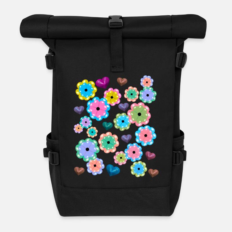 Herz Herzen Retro Blumen Blume Vintage - Rolltop Rucksack - Schwarz