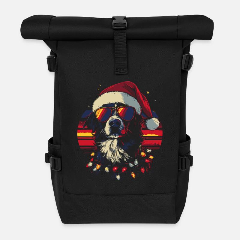 Border Collie mit Weihnachtsmütze und Sonnenbrille - Rolltop Rucksack - Schwarz