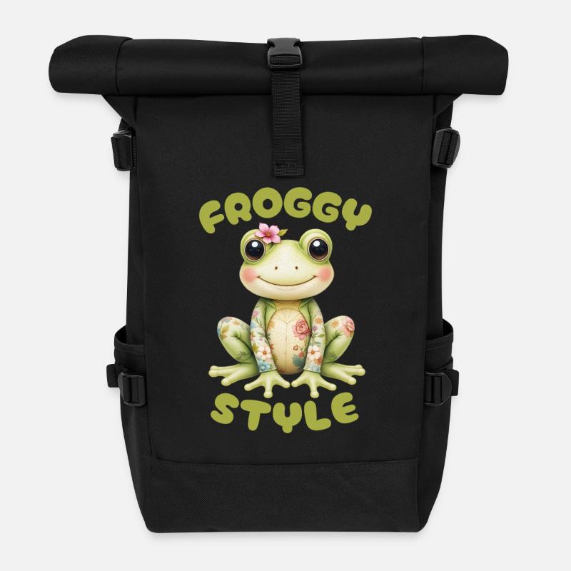 Froggy Style - Cute Frog - Roll Top Backpack - black
