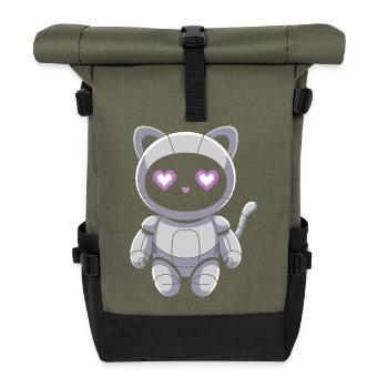 Cuddly cat robot with heart eyes - Roll Top Backpack - olive/black - Front