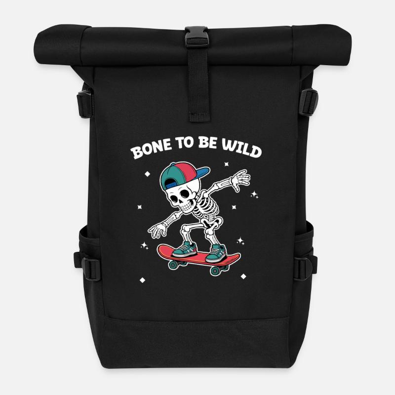 Skull Skeleton Skateboard Adventure - Roll Top Backpack - black