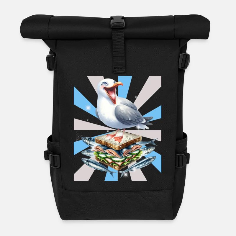 Reto Möwe Möwen Sandwidsch Hering - Rolltop Rucksack - Schwarz