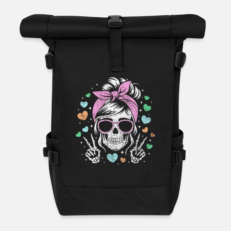 Verspieltes Totenkopf-Mädchen mit Herz-Akzenten - Rolltop Rucksack - Schwarz
