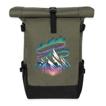 Magische Berg- und Polarlichter Illustration - Rolltop Rucksack - Olive/Schwarz - Vorne