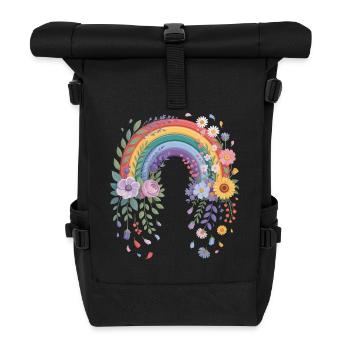 Verspielter Regenbogen mit Blumen - Rolltop Rucksack - Schwarz - Vorne
