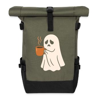 Scary ghost with coffee cup - Roll Top Backpack - olive/black - Front