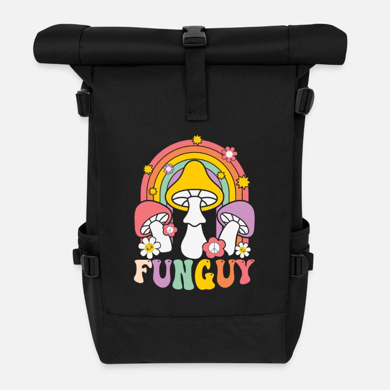 Funky Pilzdesign mit Regenbogen - Rolltop Rucksack - Schwarz