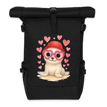 Babyrobbe Herzbrille Kawaii Seehund - Rolltop Rucksack - Schwarz - Vorne