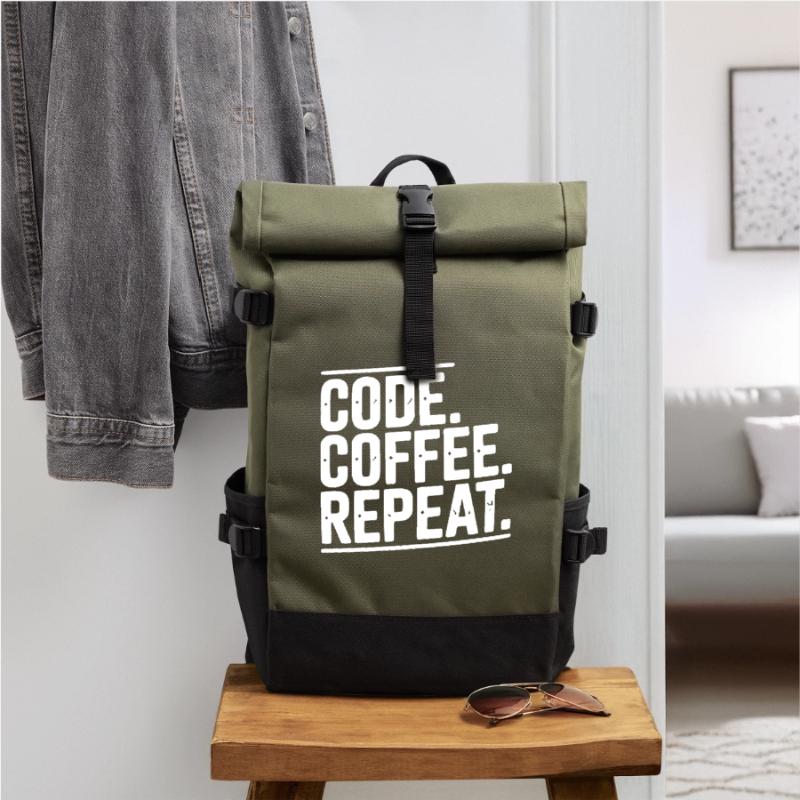 Code Coffee Repeat Roll Top Backpack