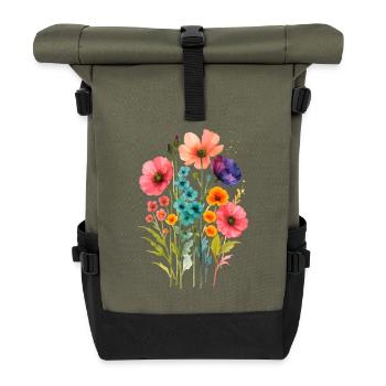 Aquarell Wildblumen Boho  - Rolltop Rucksack - Olive/Schwarz - Vorne