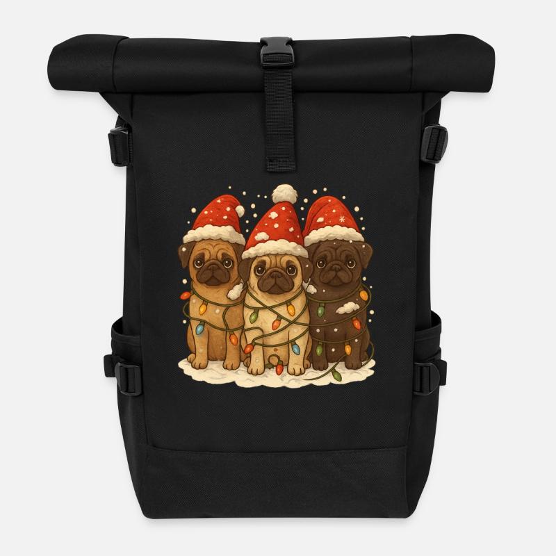 Süße Mops Hunde mit Weihnachtsmütze Möpse Hund - Rolltop Rucksack - Schwarz