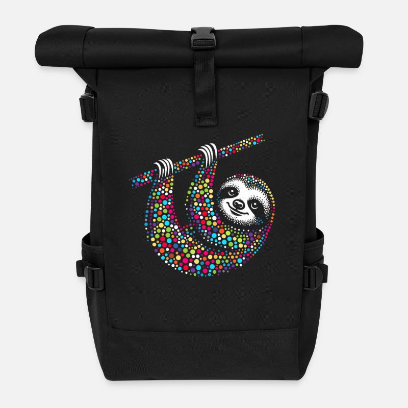 Spotty Rainbow Dotted Sloth Mosaic - Roll Top Backpack - black
