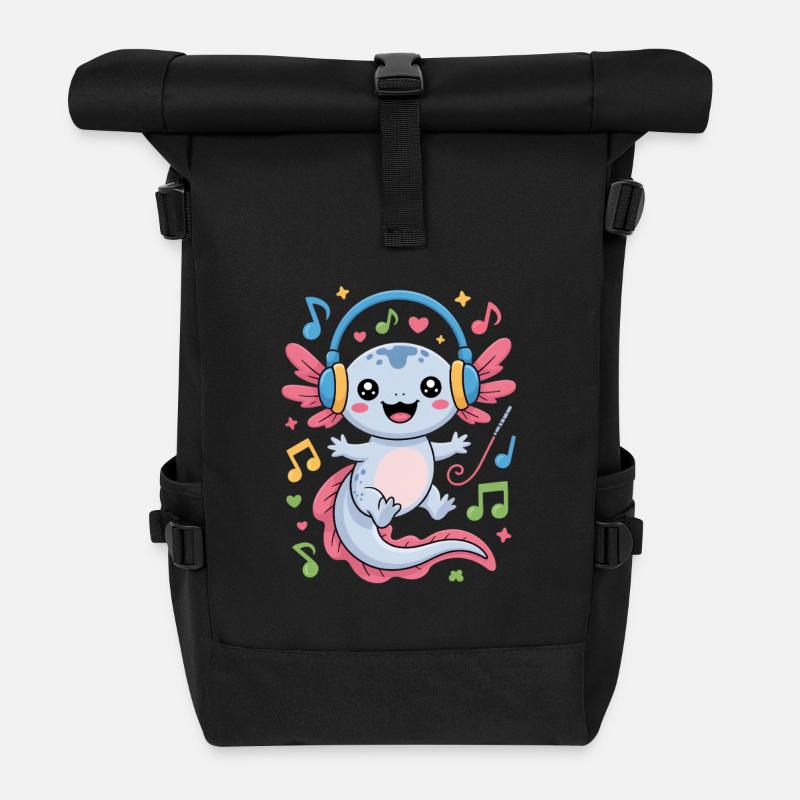 Kawaii Axolotl Mit Kopfhörern Und Musiknoten - Rolltop Rucksack - Schwarz