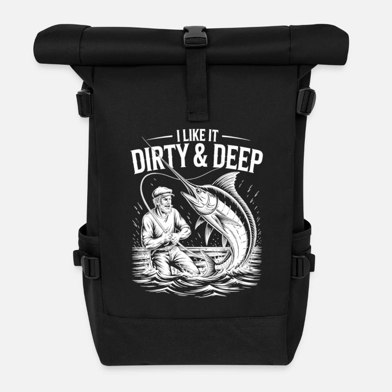Dirty & Deep – Fun Angler Motif for Men - Roll Top Backpack - black