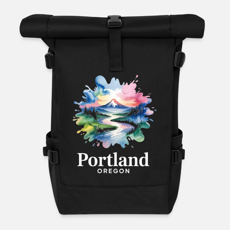 Portland, Oregon: Bunte Naturlandschaft - Rolltop Rucksack - Schwarz