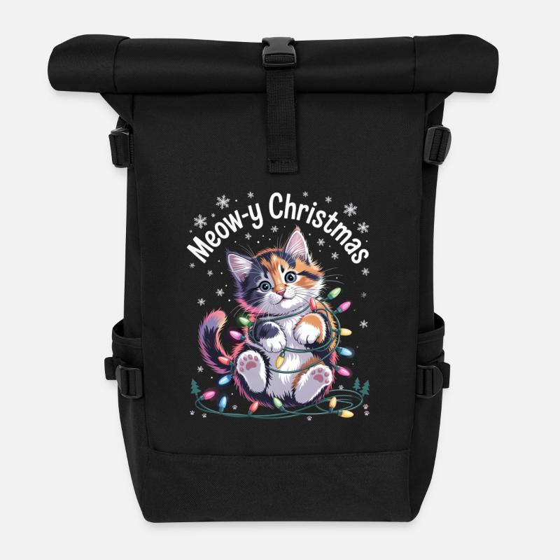 Meow-y Christmas Niedliche Weihnachtskatze - Rolltop Rucksack - Schwarz