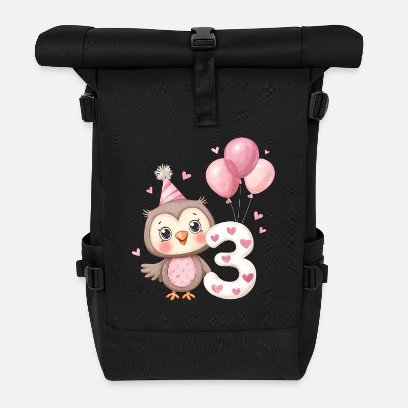 Eule zum dritten Geburtstag mit Luftballons - Rolltop Rucksack - Schwarz