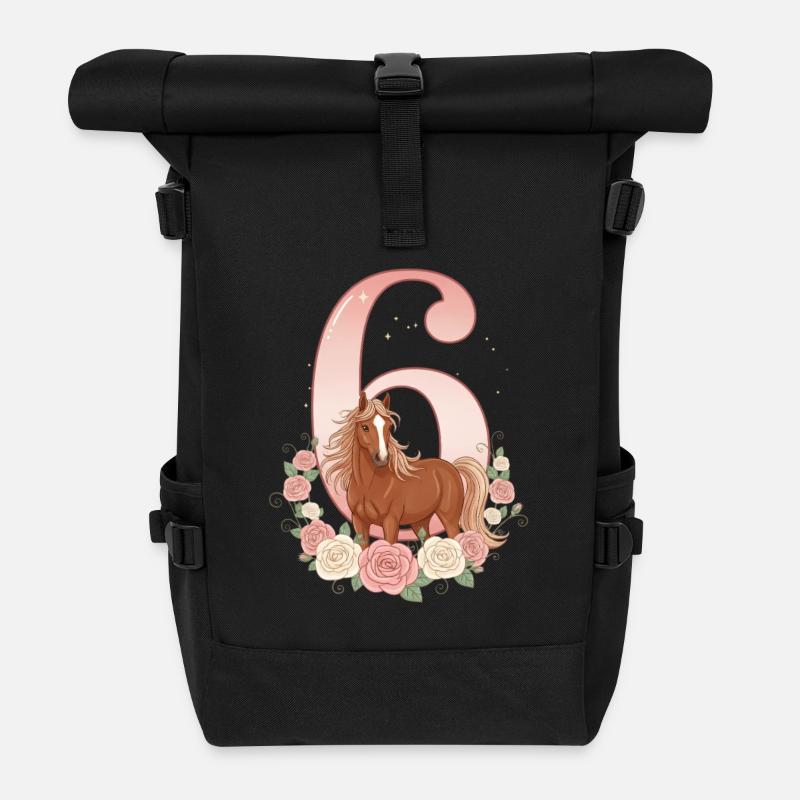 6. Geburtstag Mädchen, Pferd, Pony, 6 Jahre alt - Rolltop Rucksack - Schwarz