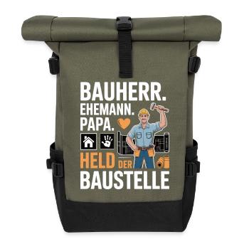 Hero of the construction site – dad, husband & builder - Roll Top Backpack - olive/black - Front