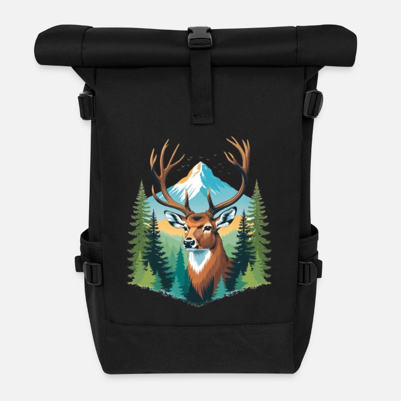 Hirsch im Bergwald - Rolltop Rucksack - Schwarz
