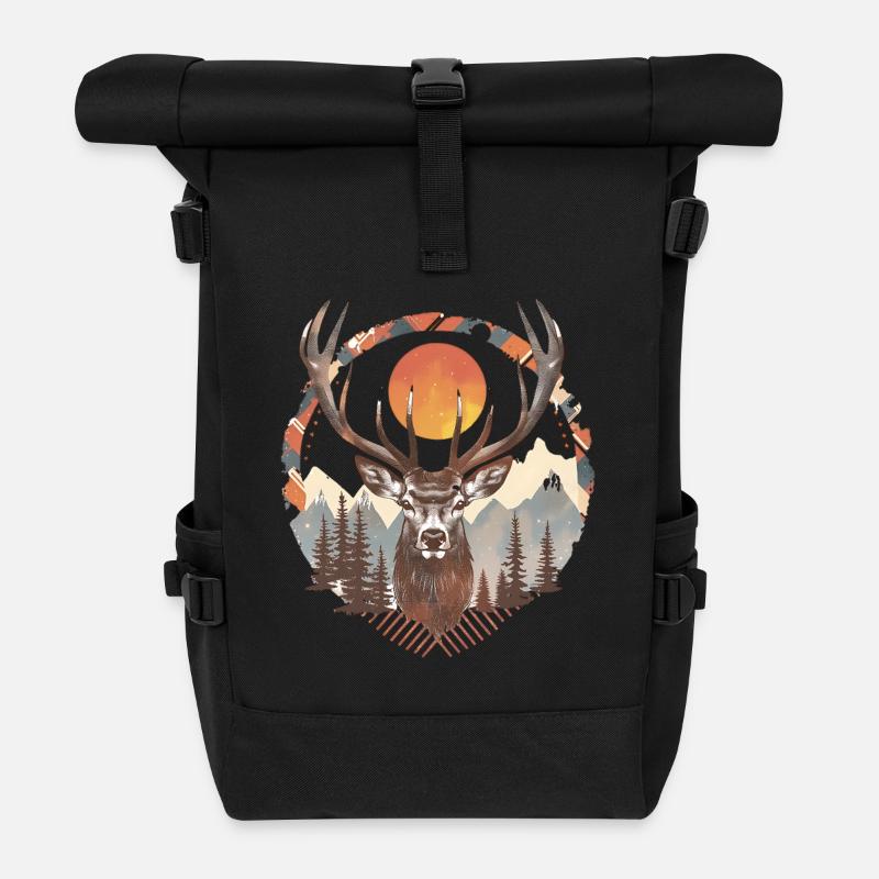 Hirsch unter der Sonne im Wald - Rolltop Rucksack - Schwarz