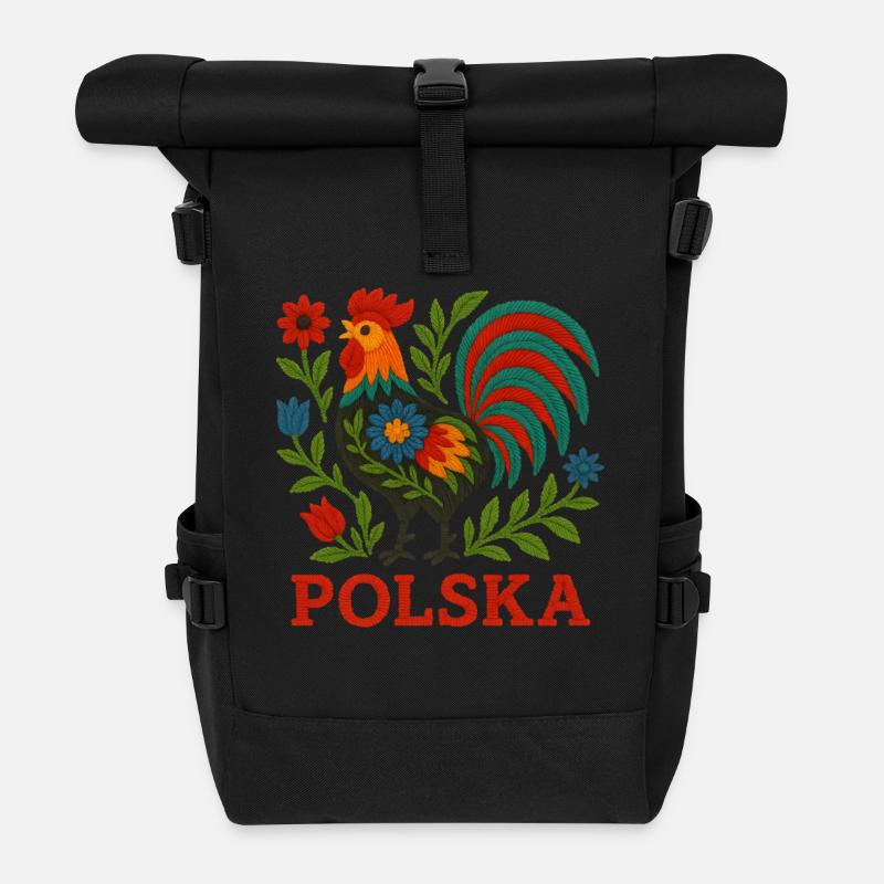 Polska Folk Stickerei Hahn - Rolltop Rucksack - Schwarz