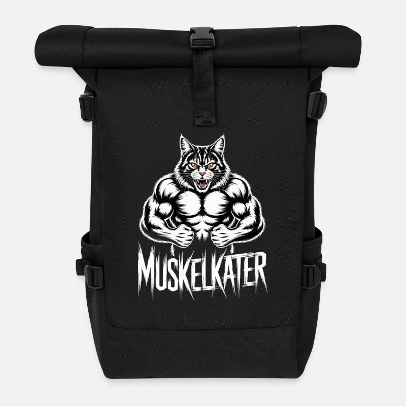 Muscular Sore Muscle Cartoon Cat - Roll Top Backpack - black