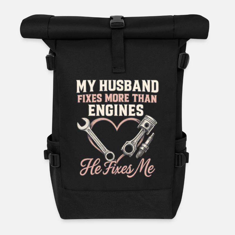 My husband repairs more than engines heart - Roll Top Backpack - black
