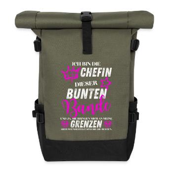Chefin dieser bunten Bande – Lustiger Spruch - Rolltop Rucksack - Olive/Schwarz - Vorne