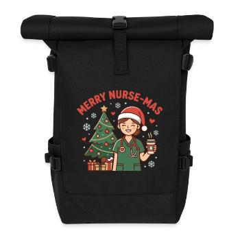 Christmas Nurse Cartoon with Tree - Roll Top Backpack - black - Front