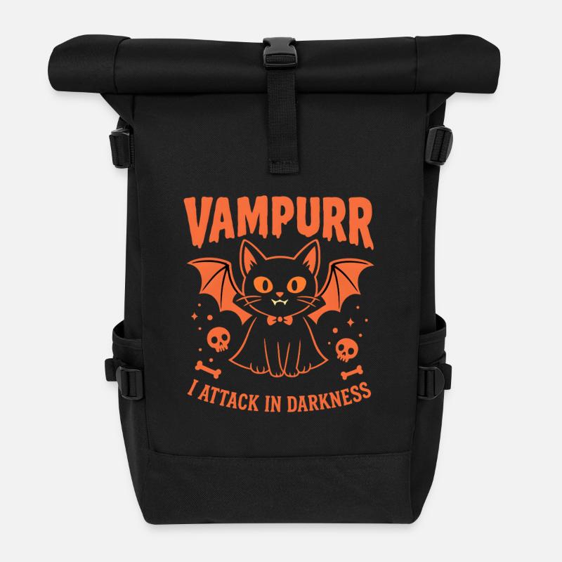 Vampurr – Cute Vampire Cat Halloween Graphic - Roll Top Backpack - black