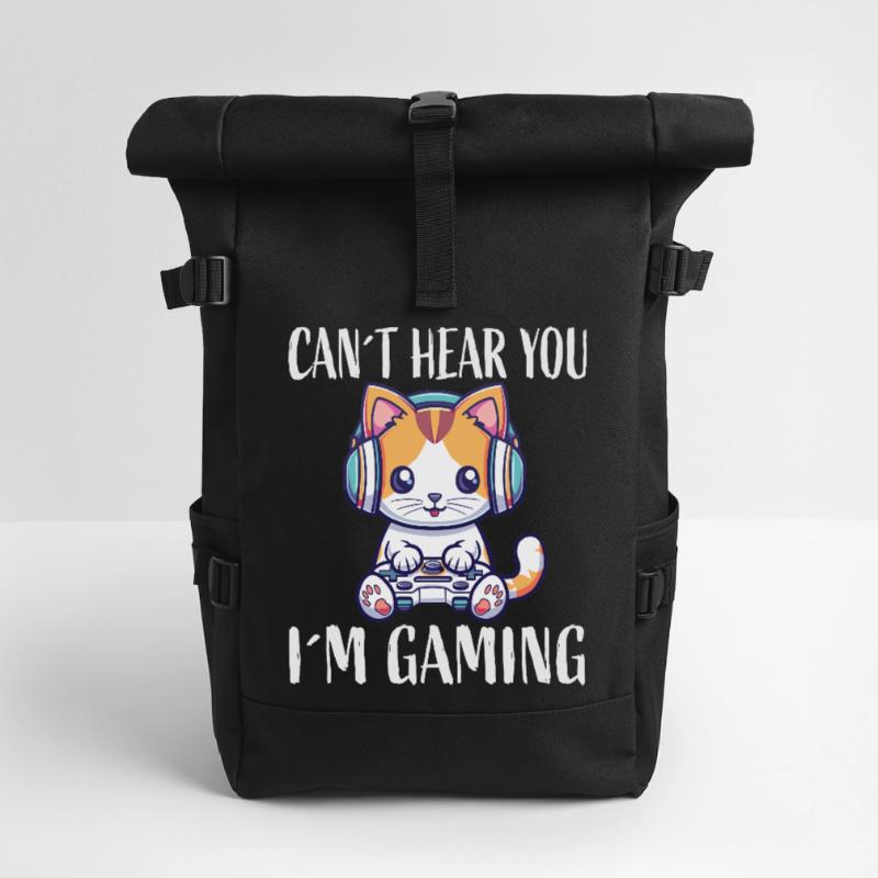 Kitten with headset while gaming Roll Top Backpack