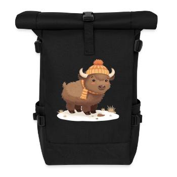 Winterbison mit Mütze - Rolltop Rucksack - Schwarz - Vorne