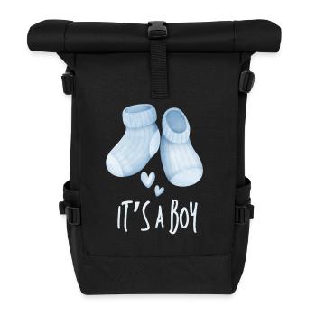 Blaue Babystiefel, es ist ein Junge - Rolltop Rucksack - Schwarz - Vorne
