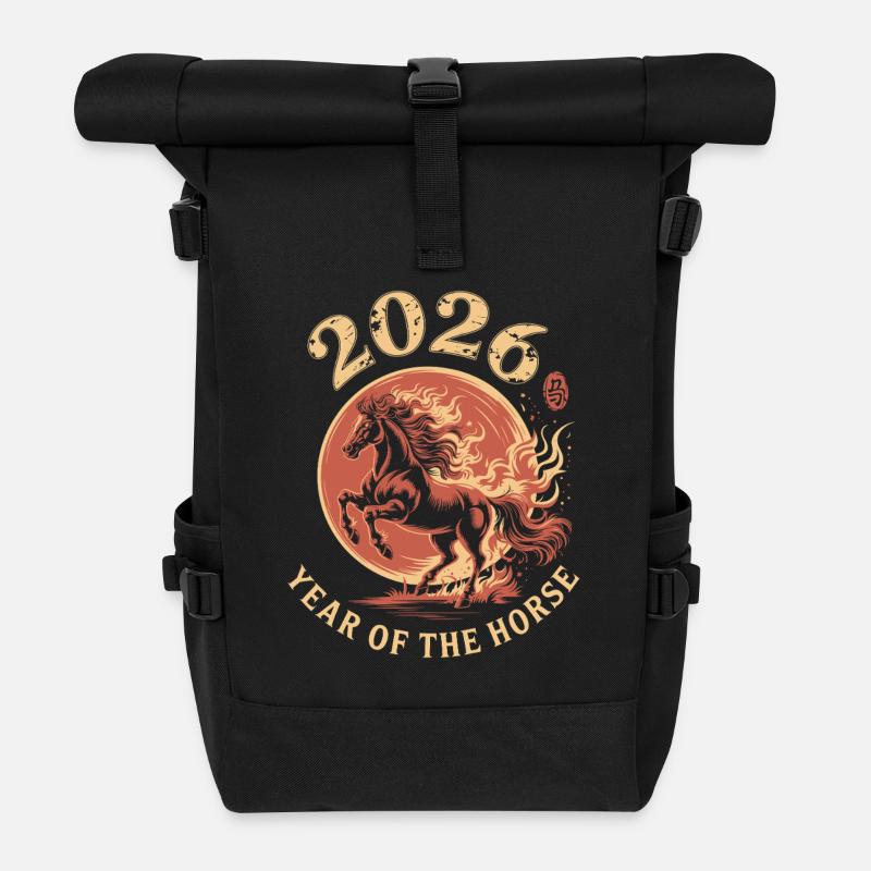 Jahr des Pferdes 2026 Ring - Rolltop Rucksack - Schwarz
